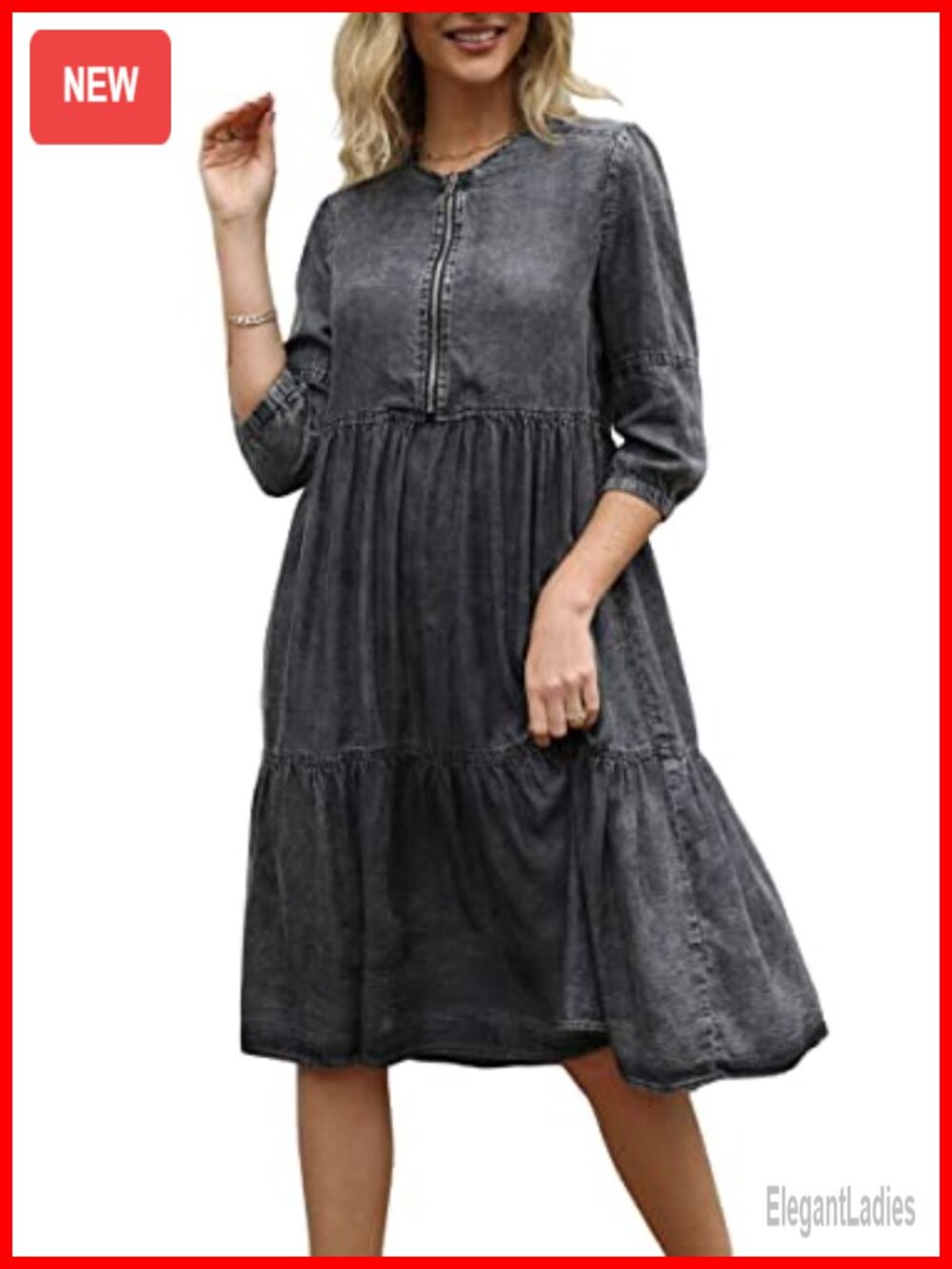 Vintage Washed Denim Babydoll Mini Dress 3/4 Sleeve Tiered Loose Fit